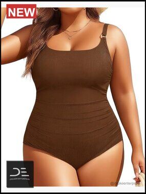 Plus Size One Piece Swimsuit Tummy Control Ribbed Square Neck Swimwear
